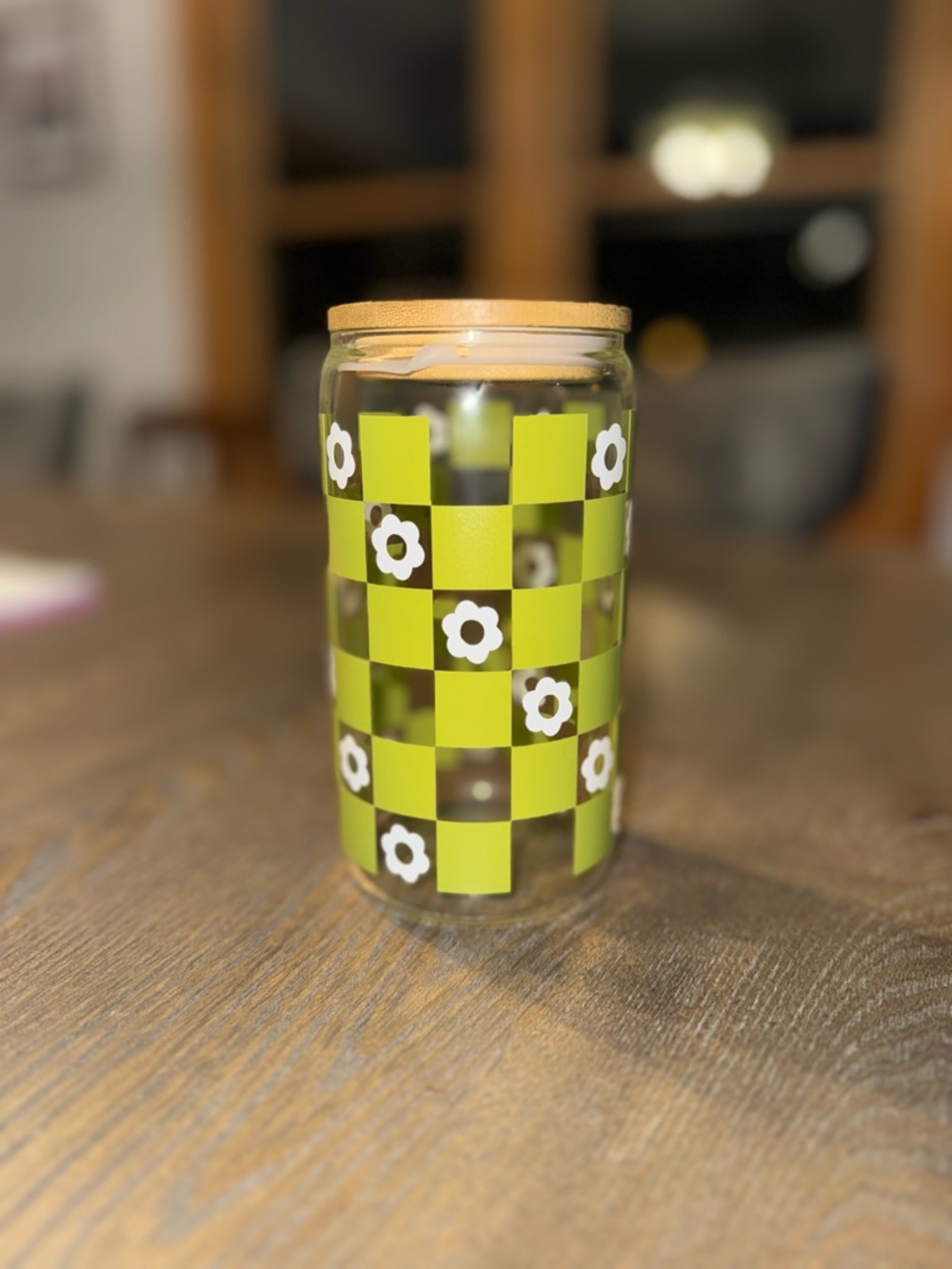 Green Checkerboard Glass cup with Flower Motif